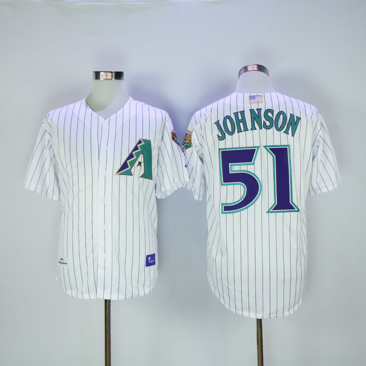 Men Arizona Diamondback #51 Johnson White Stripe Throwback 2001 MLB Jerseys
